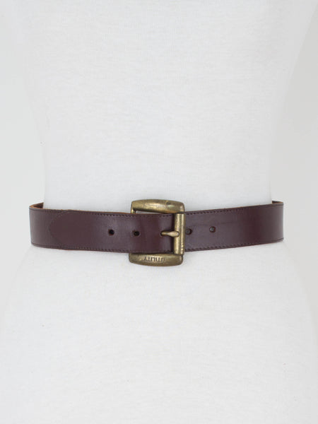 Dark Brown Leather Belt with Brass Buckle - Size 26"-30" / M