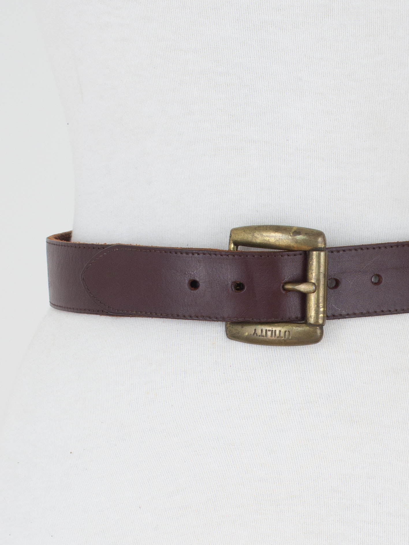 Dark Brown Leather Belt with Brass Buckle - Size 26"-30" / M