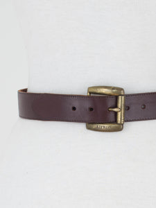 Dark Brown Leather Belt with Brass Buckle - Size 26"-30" / M
