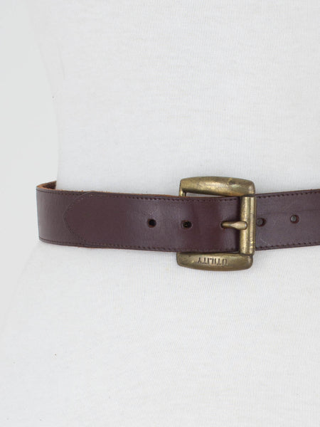 Dark Brown Leather Belt with Brass Buckle - Size 26"-30" / M