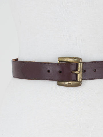 Dark Brown Leather Belt with Brass Buckle - Size 26"-30" / M
