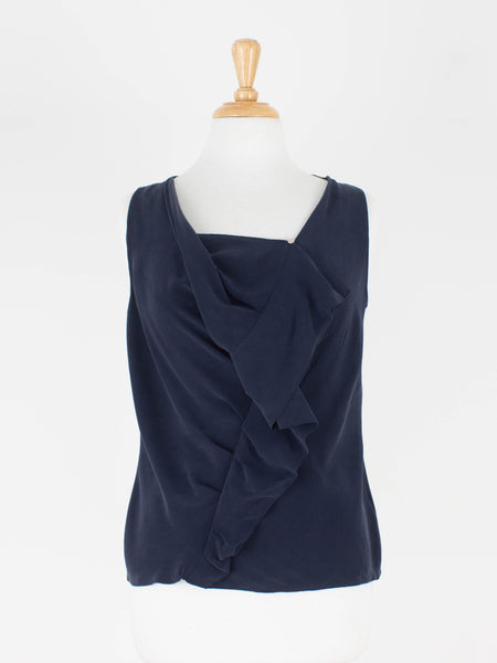 Navy Frill Pleat Twist Blouse - Suede Silk | 2 Sizes - S & M