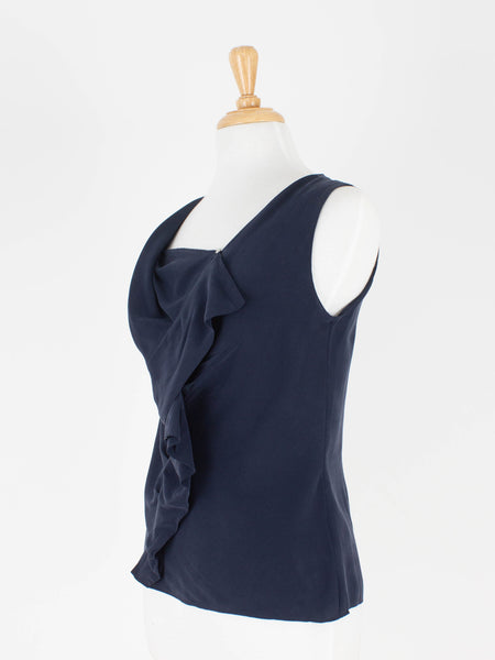Navy Frill Pleat Twist Blouse - Suede Silk | 2 Sizes - S & M