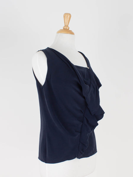 Navy Frill Pleat Twist Blouse - Suede Silk | 2 Sizes - S & M