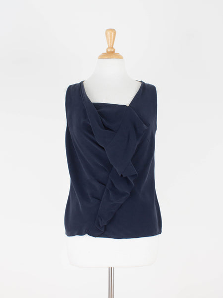 Navy Frill Pleat Twist Blouse - Suede Silk | 2 Sizes - S & M