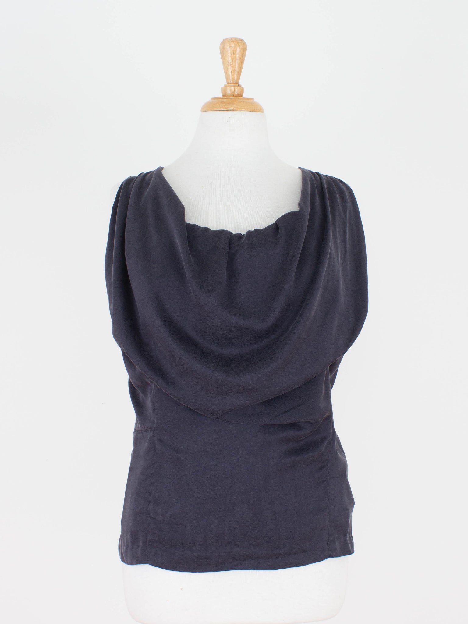 Midnight Blue Silk Bubble Neck Drape Blouse - Satin Suede Silk | 3 Sizes - XS, S & M