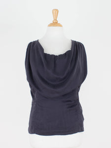 Midnight Blue Silk Bubble Neck Drape Blouse - Satin Suede Silk | 3 Sizes - XS, S & M