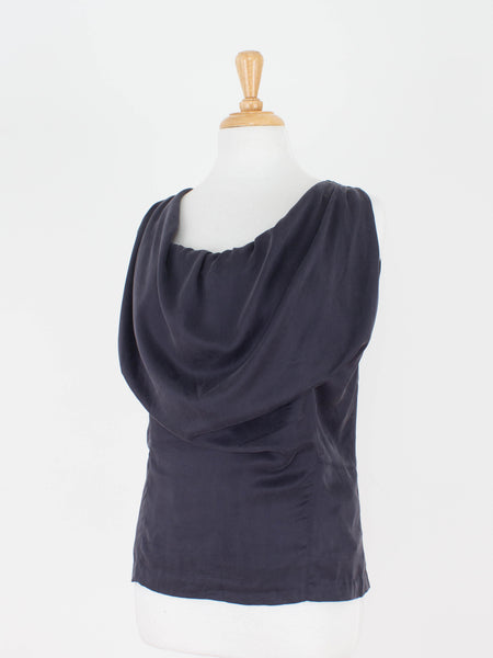 Midnight Blue Silk Bubble Neck Drape Blouse - Satin Suede Silk | 3 Sizes - XS, S & M