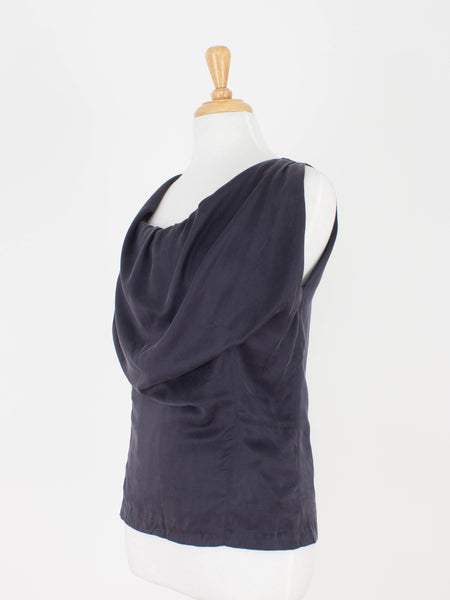 Midnight Blue Silk Bubble Neck Drape Blouse - Satin Suede Silk | 3 Sizes - XS, S & M