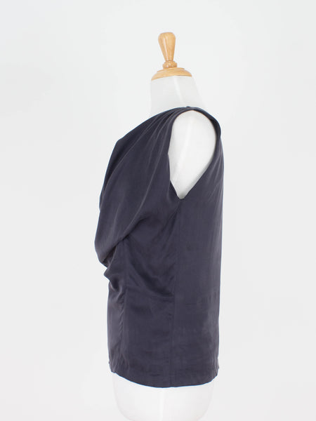 Midnight Blue Silk Bubble Neck Drape Blouse - Satin Suede Silk | 3 Sizes - XS, S & M