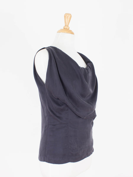 Midnight Blue Silk Bubble Neck Drape Blouse - Satin Suede Silk | 3 Sizes - XS, S & M