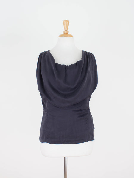 Midnight Blue Silk Bubble Neck Drape Blouse - Satin Suede Silk | 3 Sizes - XS, S & M
