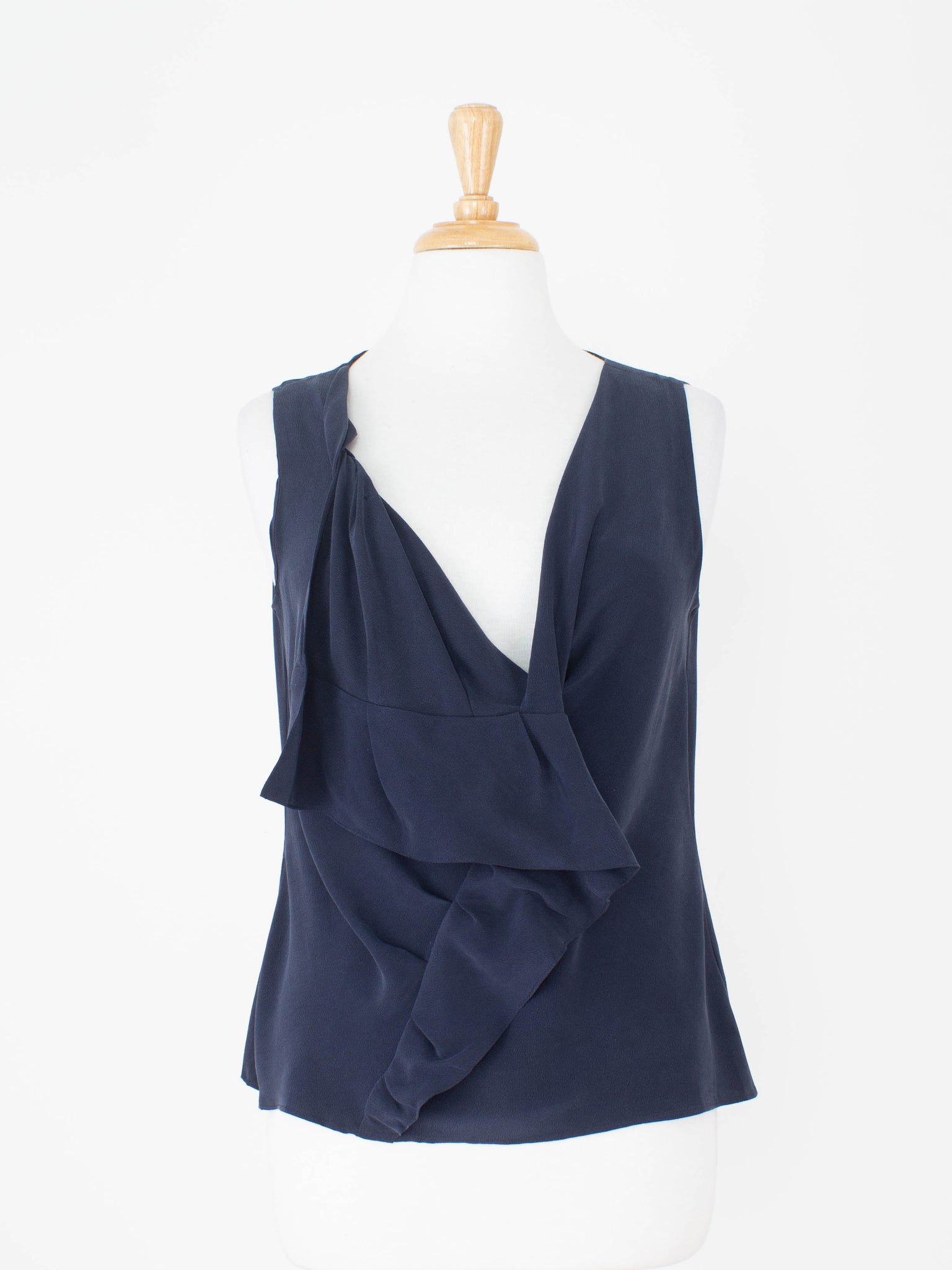 Navy Frill Pleat Twist Blouse - Suede Silk | 2 Sizes - S & M