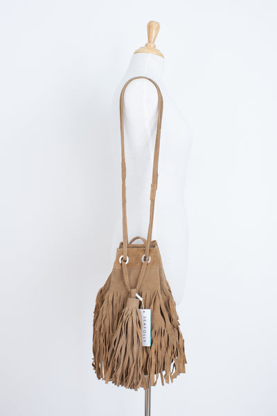 Light Brown Suede Bucket Bag with Fringing