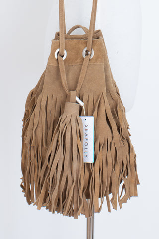 Light Brown Suede Bucket Bag with Fringing