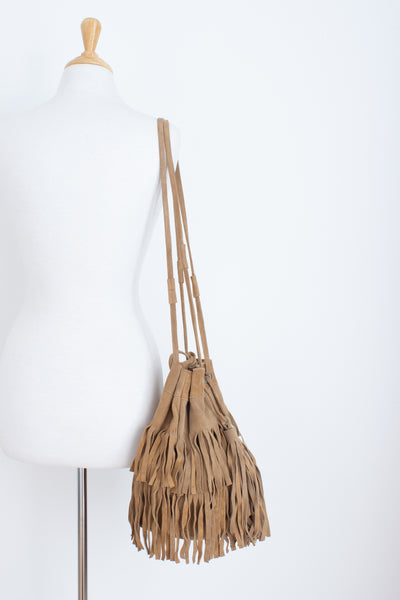 Light Brown Suede Bucket Bag with Fringing