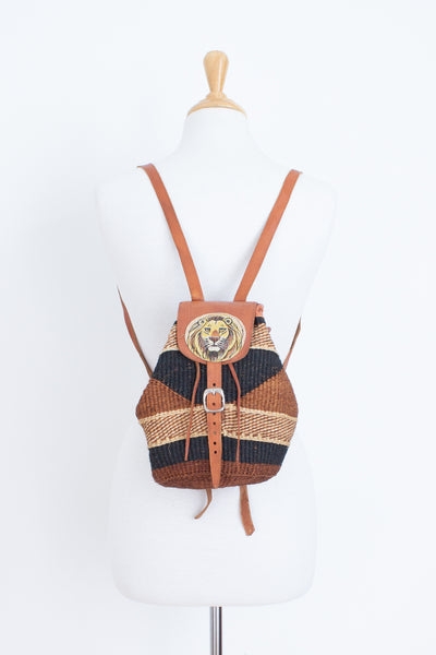 Small African Sisal Backpack with Painted Lion Art