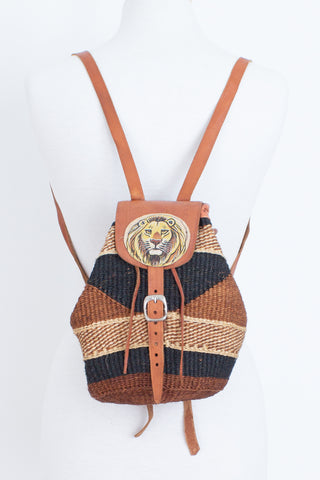 Small African Sisal Backpack with Painted Lion Art