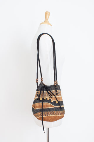 Small African Sisal Market Bucket Bag - Tan, Brown & Grey