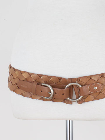 Wide Bronze Metallic Brown Woven Leather Belt with Silver Buckle | Size Fits M-L