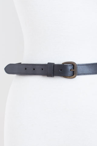 Black Leather Belt with Brass Buckle - Size 30"-35" / M