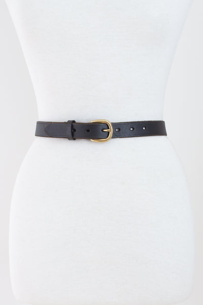 Black Leather Belt with Brass Buckle - Size 24"-29" / XS-M