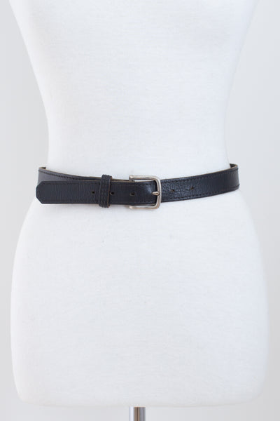 Thin Black Leather Belt with Silver Buckle - Size 28"-32" / M