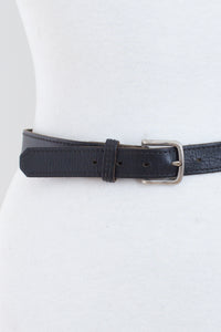 Thin Black Leather Belt with Silver Buckle - Size 28"-32" / M