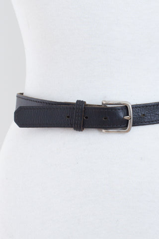 Thin Black Leather Belt with Silver Buckle - Size 28"-32" / M