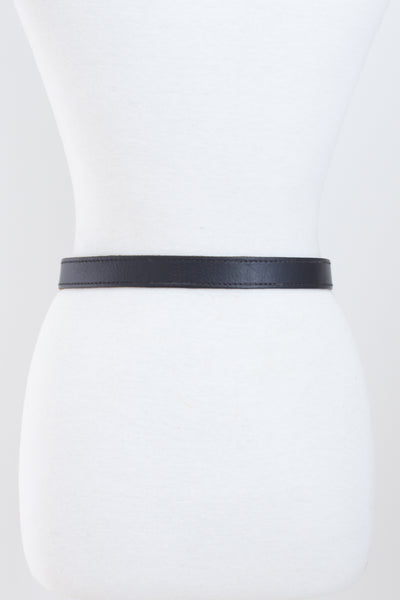 Thin Black Leather Belt with Silver Buckle - Size 28"-32" / M