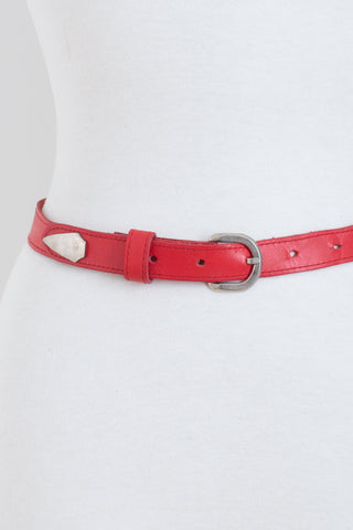 80s Thin Bright Red Leather Belt with Silver Buckle & Hardware - Size 28"-32" / M