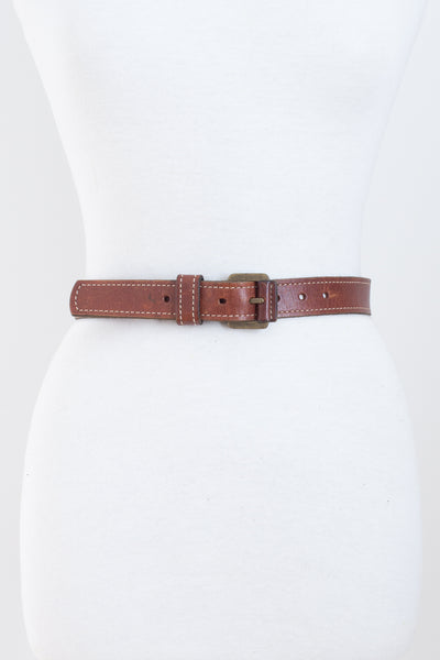 Thin Brown Leather Belt with Brass & Leather Buckle - Size 25"-31" / XS-S