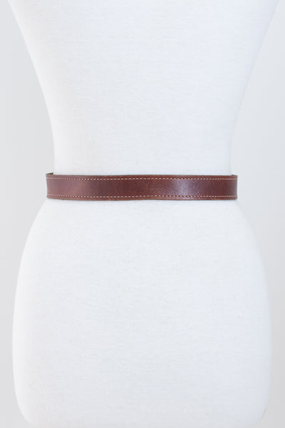 Thin Brown Leather Belt with Brass & Leather Buckle - Size 25"-31" / XS-S
