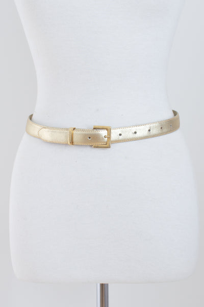 Thin Gold Leather Belt with Gold Buckle - Size 26"-32" / S-M