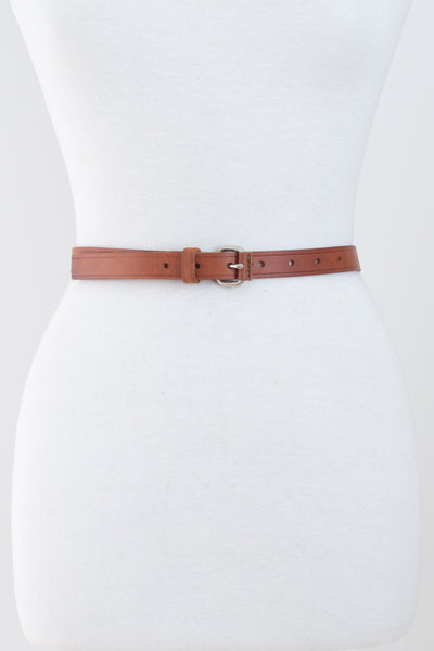 Thin Light Brown Leather Belt with Silver Buckle - Size 24"-29" / XS/S