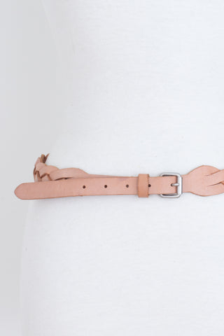 Natural Tan Woven Leather Belt with Silver Buckle | Size S-M