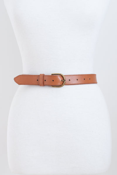 Thin Tan Leather Belt with Brass Buckle - Size 25"-31" / XS-S