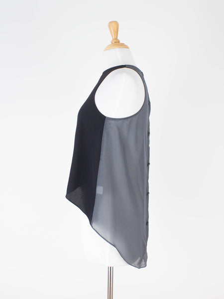 Two-Tone Black & Grey Drop Tail Sheer Silk Blouse | Size S