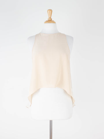 Two-Tone Beige & Cream Drop Tail Sheer Silk Blouse - 3 Sizes - XS, S & M