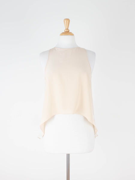 Two-Tone White & Light Grey Drop Tail Sheer Silk Blouse | Size - M