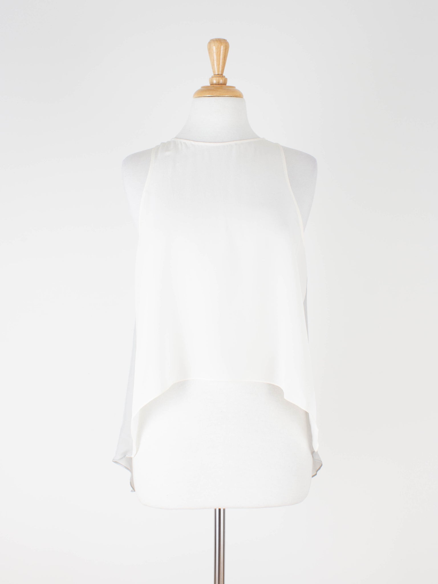 Two-Tone White & Light Grey Drop Tail Sheer Silk Blouse | Size - M