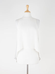 Two-Tone White & Light Grey Drop Tail Sheer Silk Blouse | Size - M