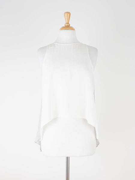Two-Tone White & Light Grey Drop Tail Sheer Silk Blouse | Size - M