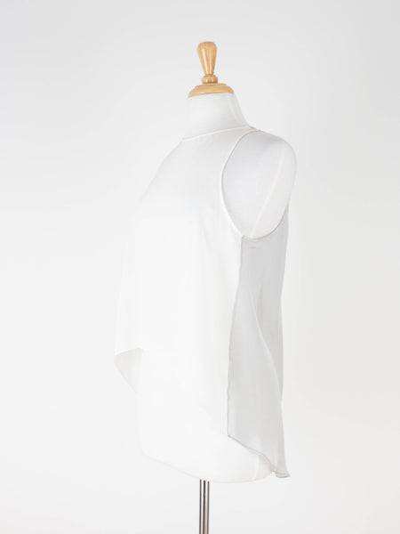 Two-Tone White & Light Grey Drop Tail Sheer Silk Blouse | Size - M