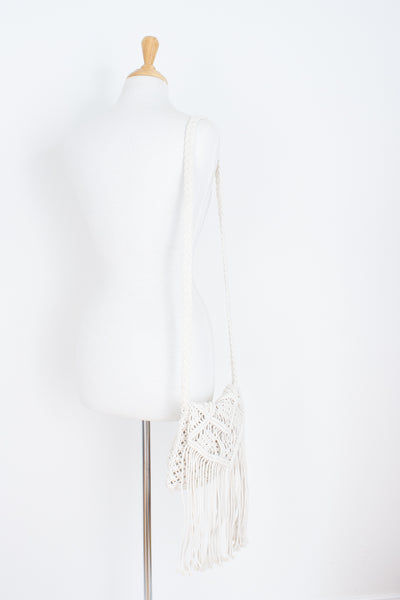 White Square Cotton Macrame Bag with Fringe