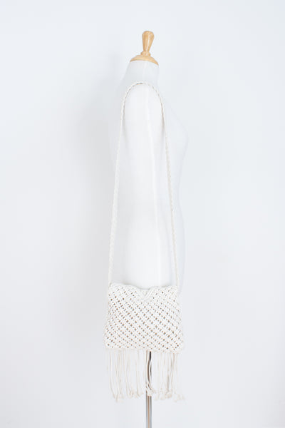 White Square Cotton Macrame Bag with Fringe