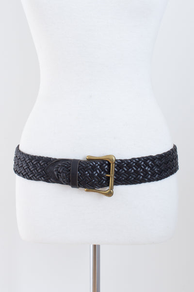 Wide Black Woven Leather Belt with Brass Buckle | Size Fits S-L