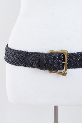Wide Black Woven Leather Belt with Brass Buckle | Size Fits S-L