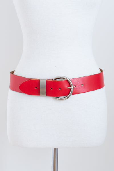 80s Bright Red Wide Leather Belt with Silver Buckle - Size 33"-39" / M-L