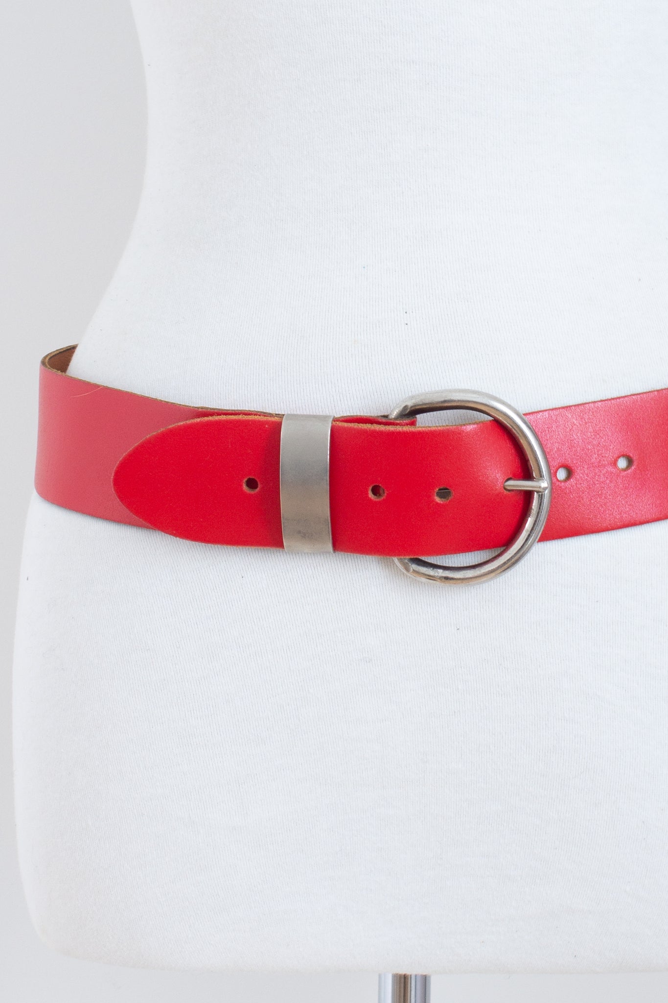 80s Bright Red Wide Leather Belt with Silver Buckle - Size 33"-39" / M-L